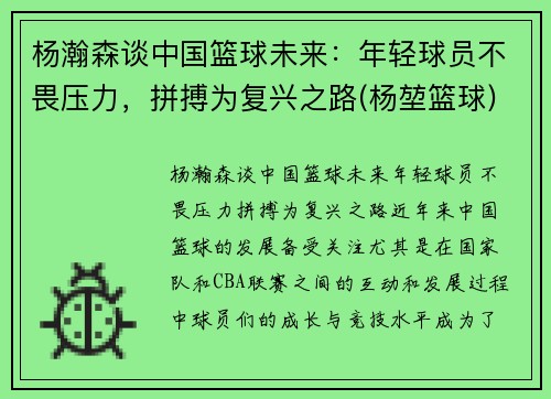 杨瀚森谈中国篮球未来：年轻球员不畏压力，拼搏为复兴之路(杨堃篮球)