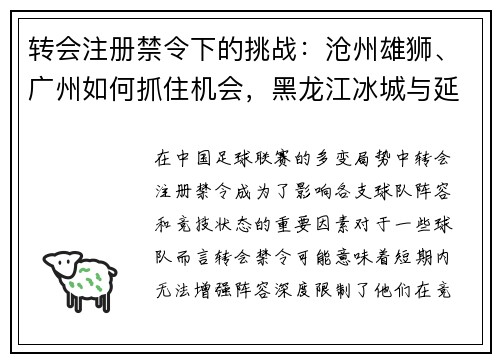转会注册禁令下的挑战：沧州雄狮、广州如何抓住机会，黑龙江冰城与延边龙鼎的反思之路